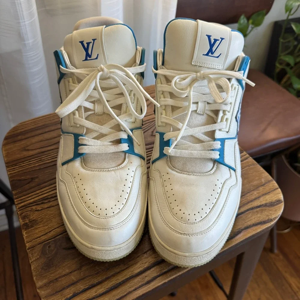 Louis Vuitton LV Trainer Sneakers White Blue Leather Men's Size 11 GO 0270 - Picture 2 of 9